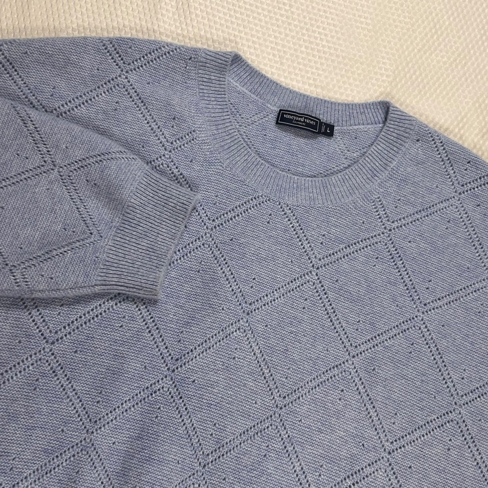 Vineyard Vines‎ Womens 100% Cashmere Diamond Pointelle Sweater Light Blue Large